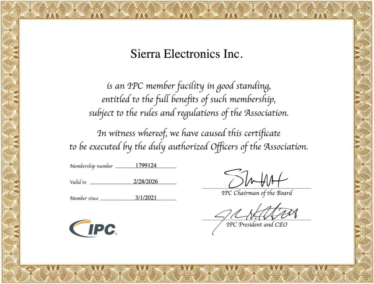 Sierra Electronics IPC certificate